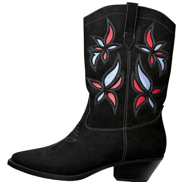 Cowgirl Boots Black Vegan Suede Western Mid Calf Floral Detail Women’s 9.5 NEW - Picture 3 of 11
